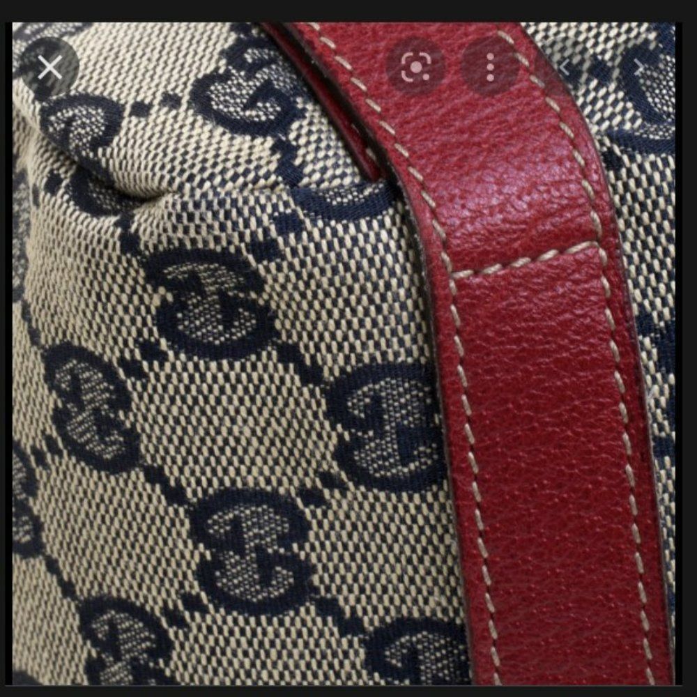 Authentic Gucci 3 Rings Abbey Hobo Handbag- Navy/Red Monogrammed Canvas - Picture 3 of 8